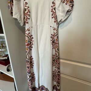 Cleobella White Midi Dress with Pink, Purple & Brown Embroidery